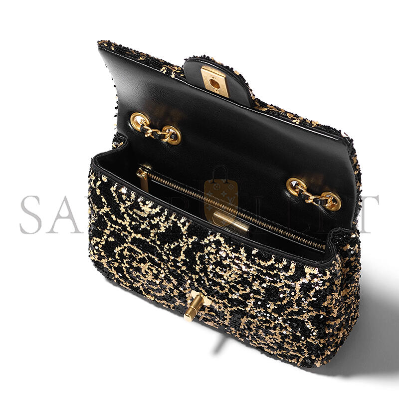 Ch*el flap bag sequins & gold-tone metal golden & black as4561 (21*14*8cm)
